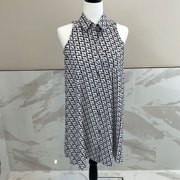 WOMENS Sz 4 P ALFANI Navy DIVING DOVES SLEEVELESS COLLARED BUTTON-UP SHIRT DRESS - Picture 1 of 6